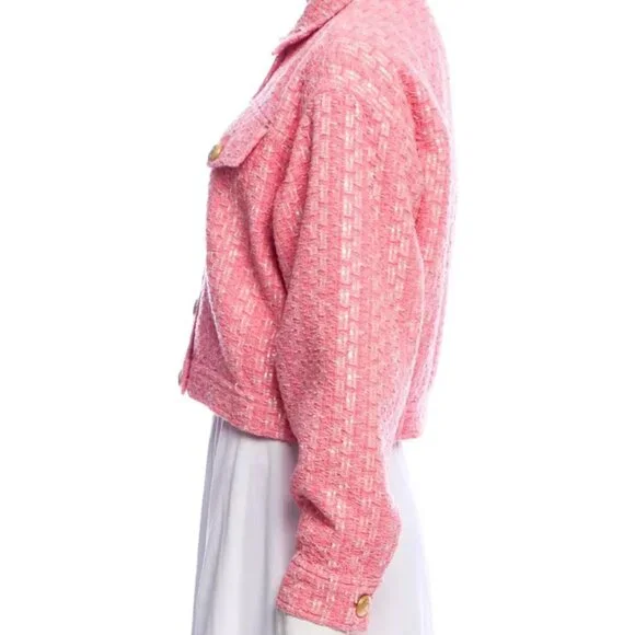 MOSCHINO COUTURE RAFFIA BOUCLE PINK TWEED JACKET SKIRT SET 2017 RUNWAY SZ 8